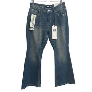 SKY Shaded Flare Jeans Women's Sz 13/14 Blue Bling Flap Rear Pockets
